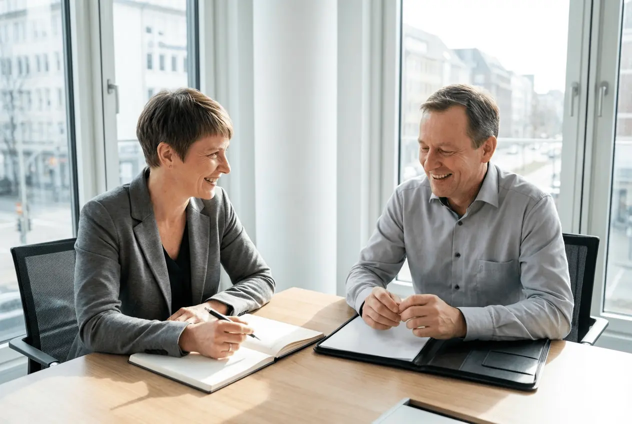 Erfolgreicher Business Coach bei der digitalen Planung von Führungskräfte-Seminaren und 1:1 Sessions am Laptop