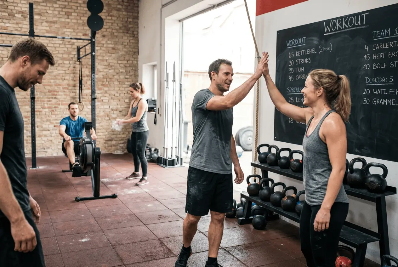 Athleten in einer CrossFit Box beim gemeinsamen WOD Training mit Langhanteln und Rigs
