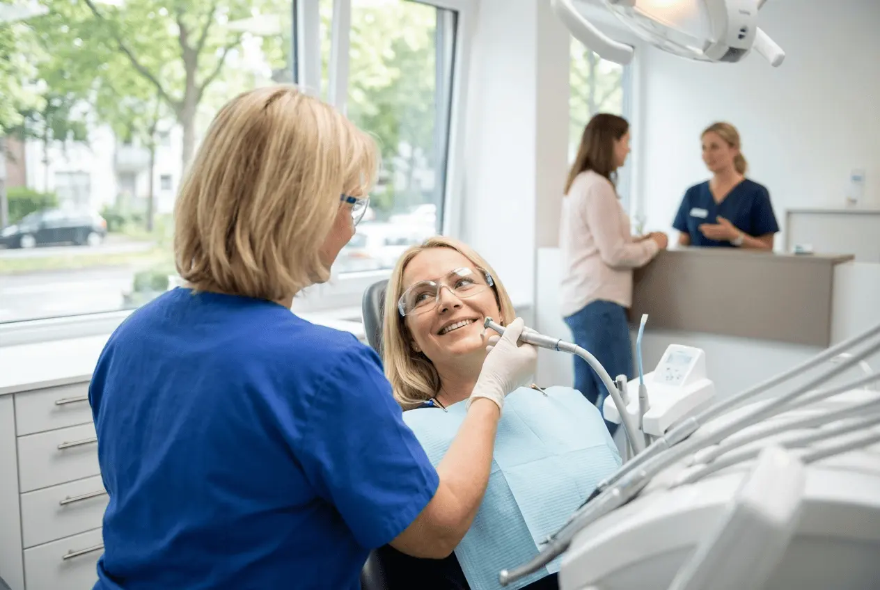 Online Terminvereinbarung Professionelle Zahnreinigung und Bleaching in moderner Zahnarztpraxis am Empfang