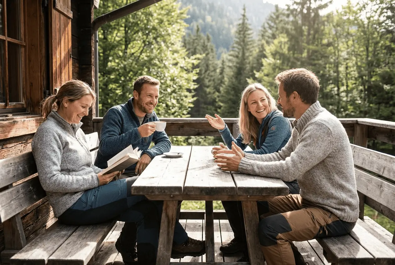 Entspannte Teilnehmer genießen die Natur während eines smartphonefreien Digital Detox Wochenendes