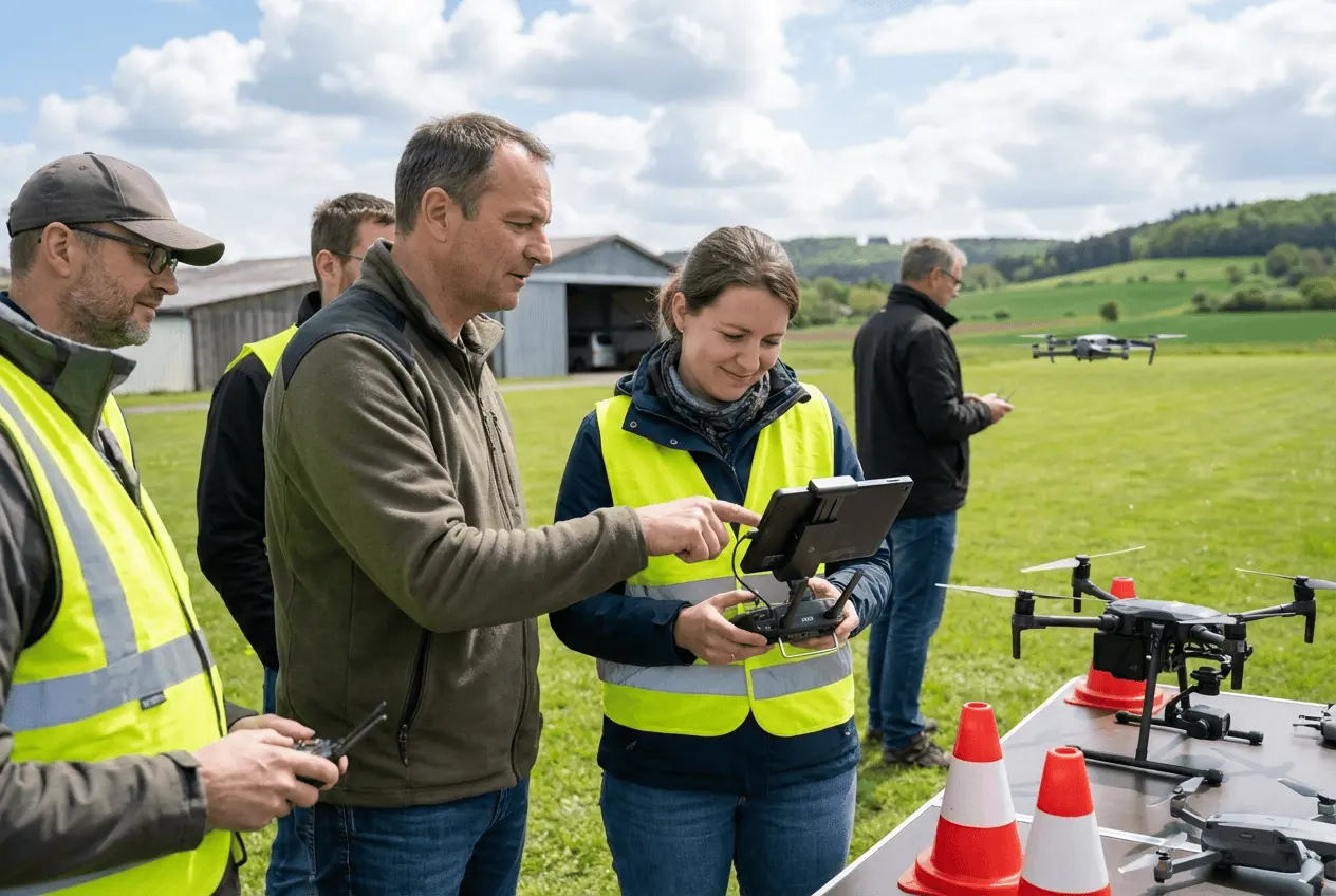 Drohnenpilot steuert Quadrocopter während einer praktischen Flugausbildung auf dem Feld