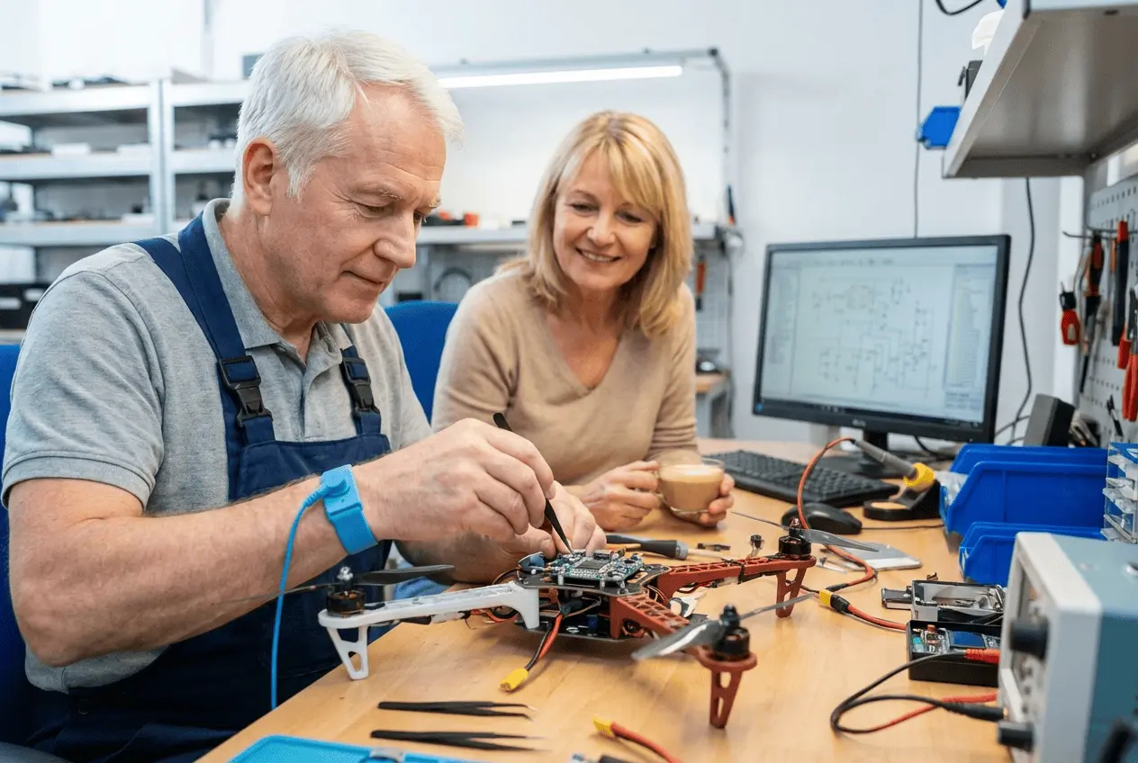 Techniker bei der professionellen Drohnen Reparatur und Fehlerdiagnose in einer Werkstatt