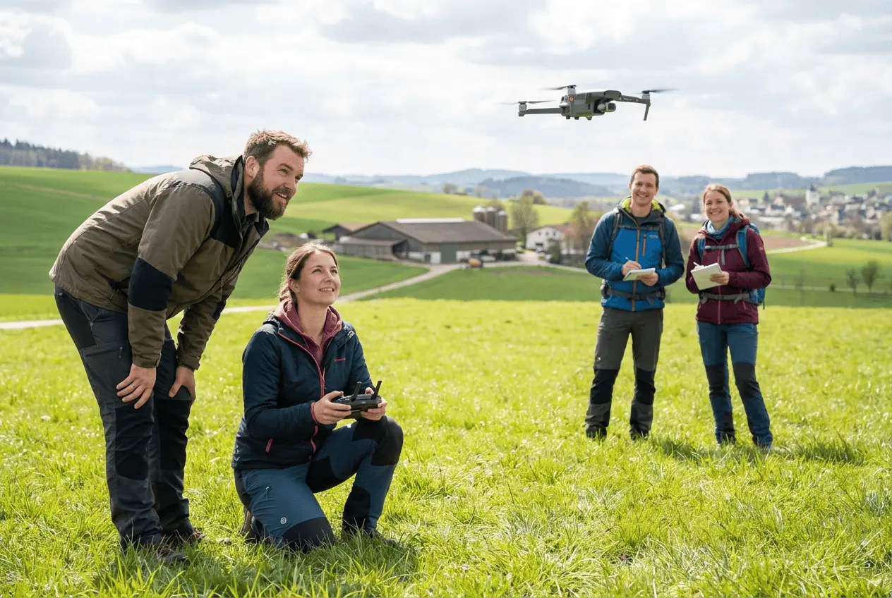 Drohnenpilot steuert Quadrocopter während eines Luftbild-Fotografie Workshops im Freien