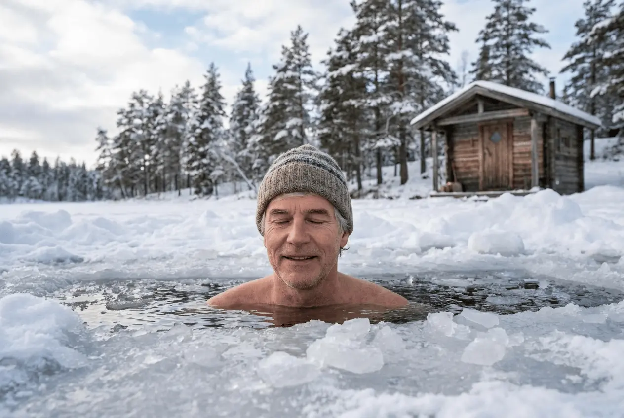 Gruppe beim Eisbaden im See Winterbaden Kältetraining Atemübungen im Schnee