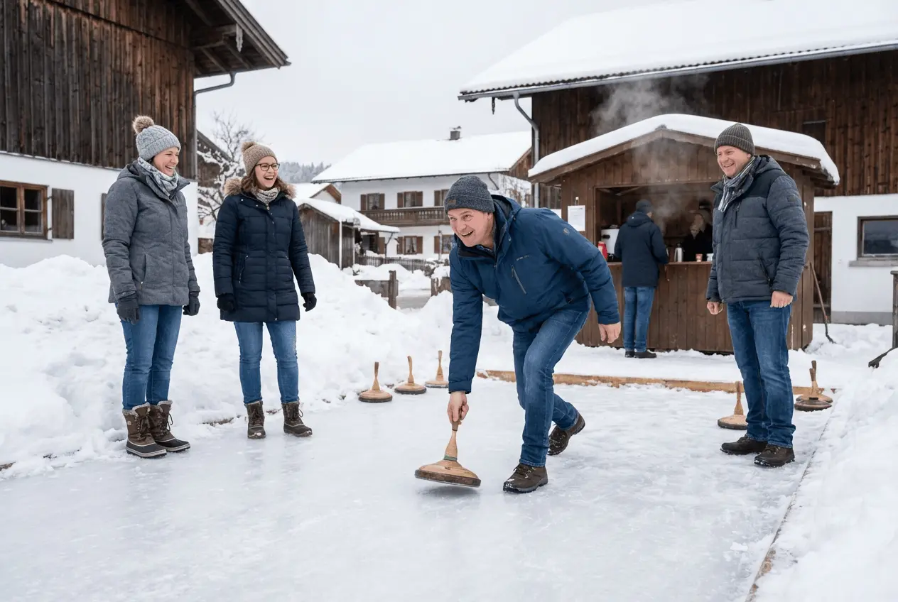 Menschen beim Eisstockschießen auf einer Eisbahn im Winter bei einem Teamevent