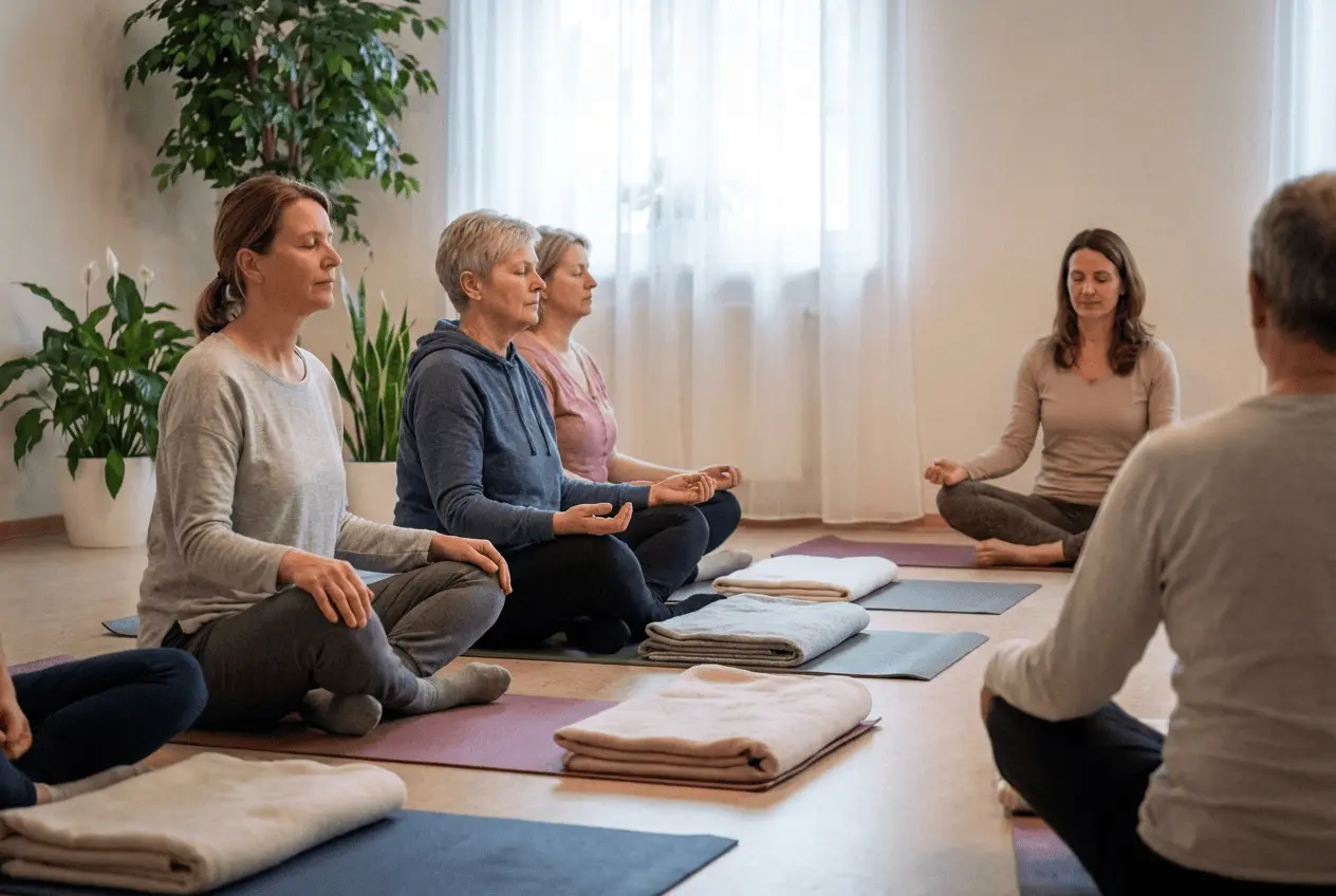 Frau bei der Meditation in einem hellen Yogastudio