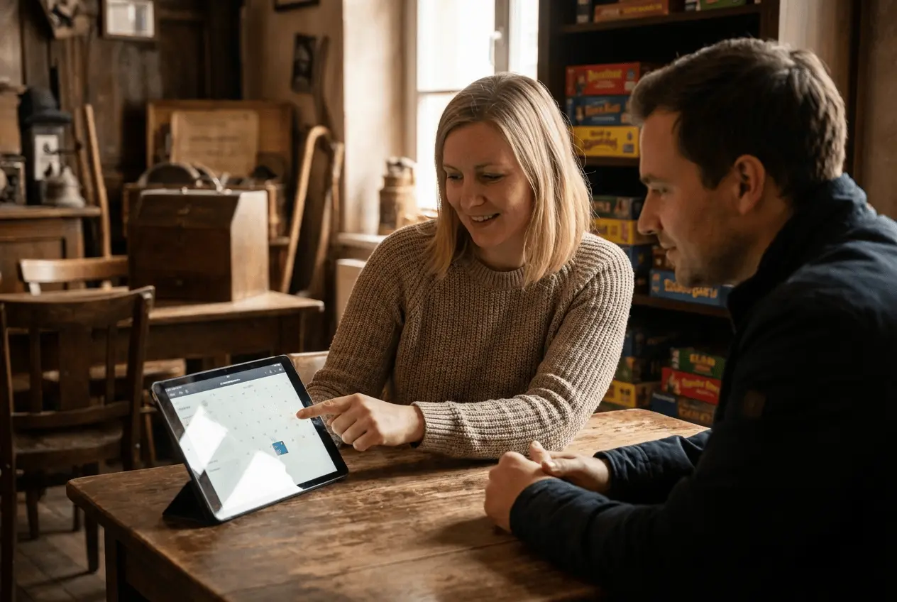 Spielleiter im Escape Room verwaltet Buchungsslots am Tablet Exit Game