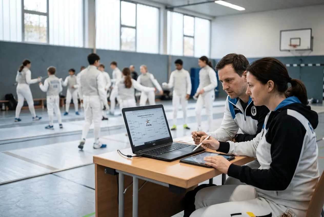 Fechter in weißer Schutzausrüstung beim Gefecht auf der Planche während eines Turniers