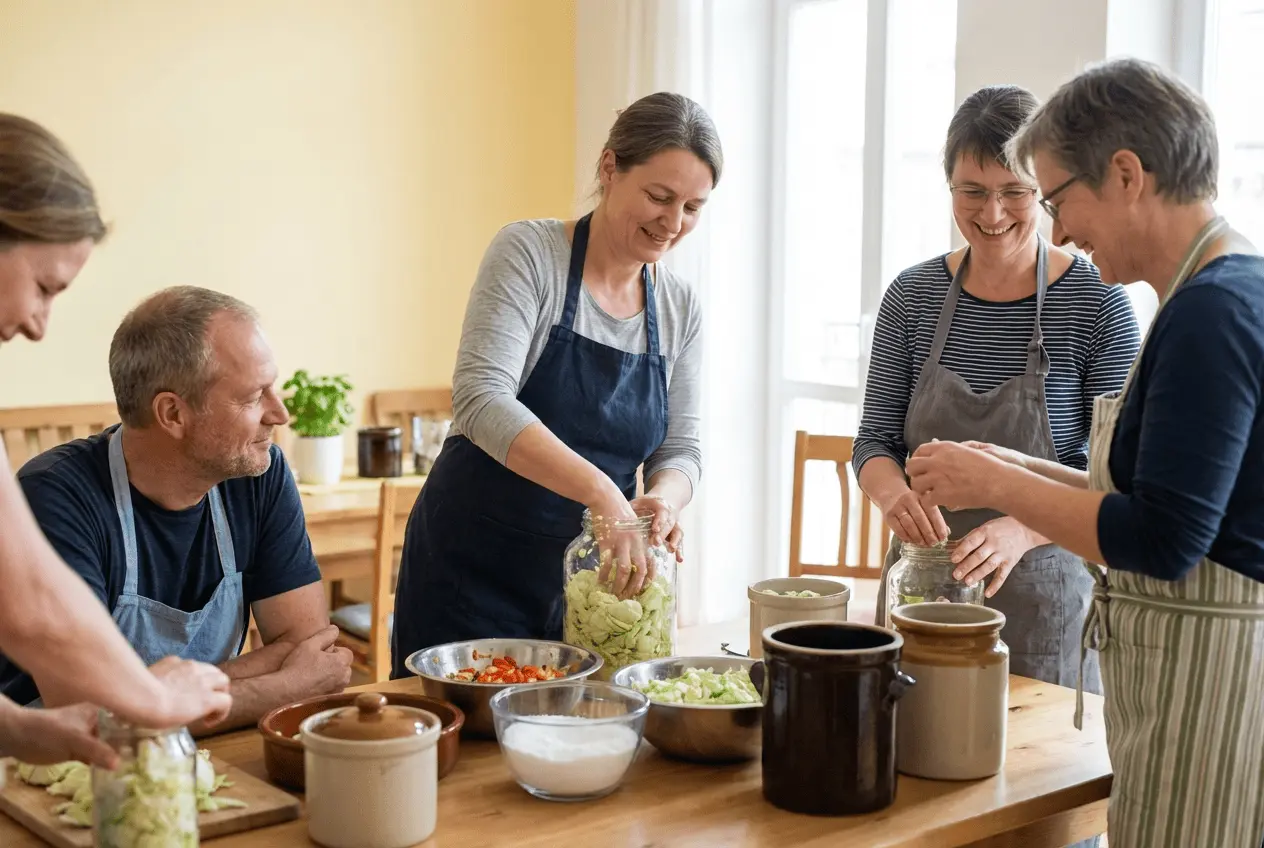 Teilnehmer beim Fermentieren von Sauerkraut und Kimchi in der Gruppe