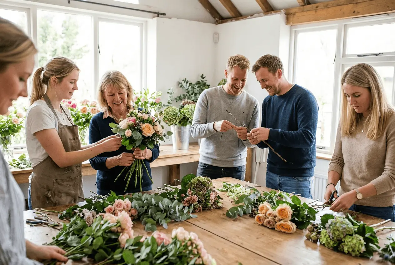 Fröhliche Teilnehmer in einem Floristik-Workshop beim Binden von Blumensträußen in einer Werkstatt
