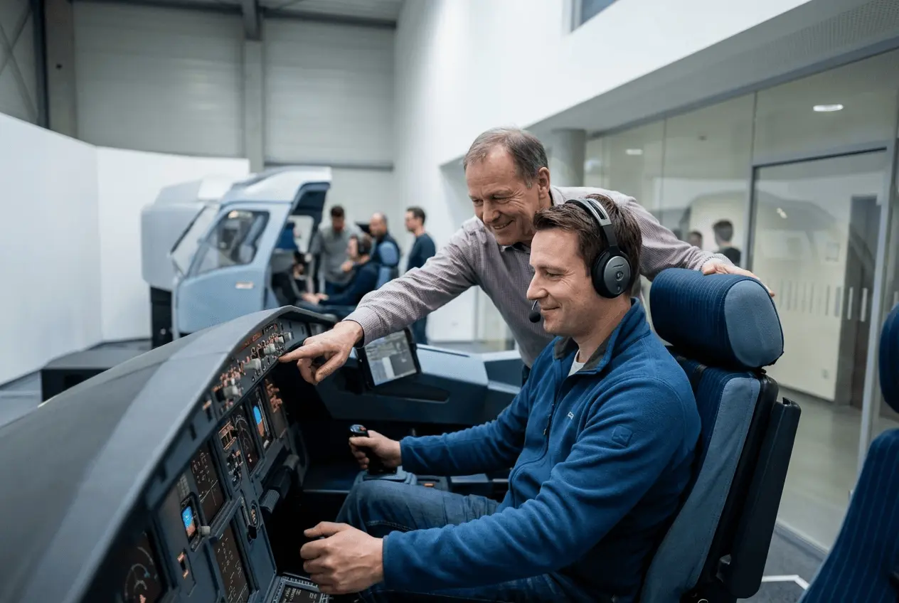 Beleuchtetes Cockpit eines professionellen Flugsimulators mit Pilot beim virtuellen Landeanflug auf die Startbahn