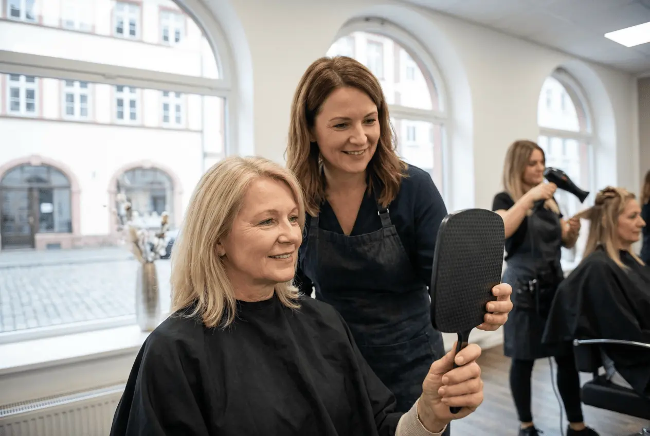 Glückliche Kundin mit neuer Balayage Frisur im modernen Frauen-Friseursalon beim Styling und Föhnen