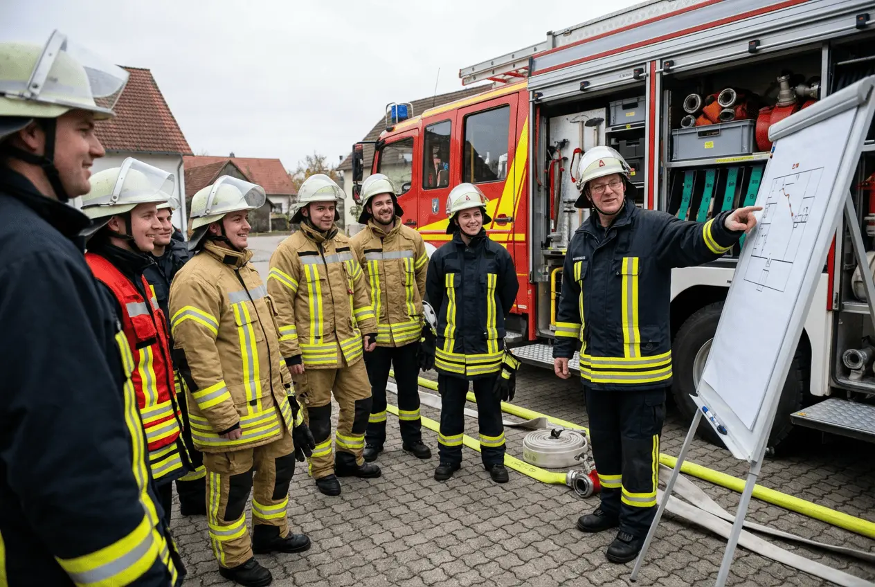 Freiwillige Feuerwehrleute bei der Ausbildung an einem Löschfahrzeug während einer technischen Hilfeleistung Schulung