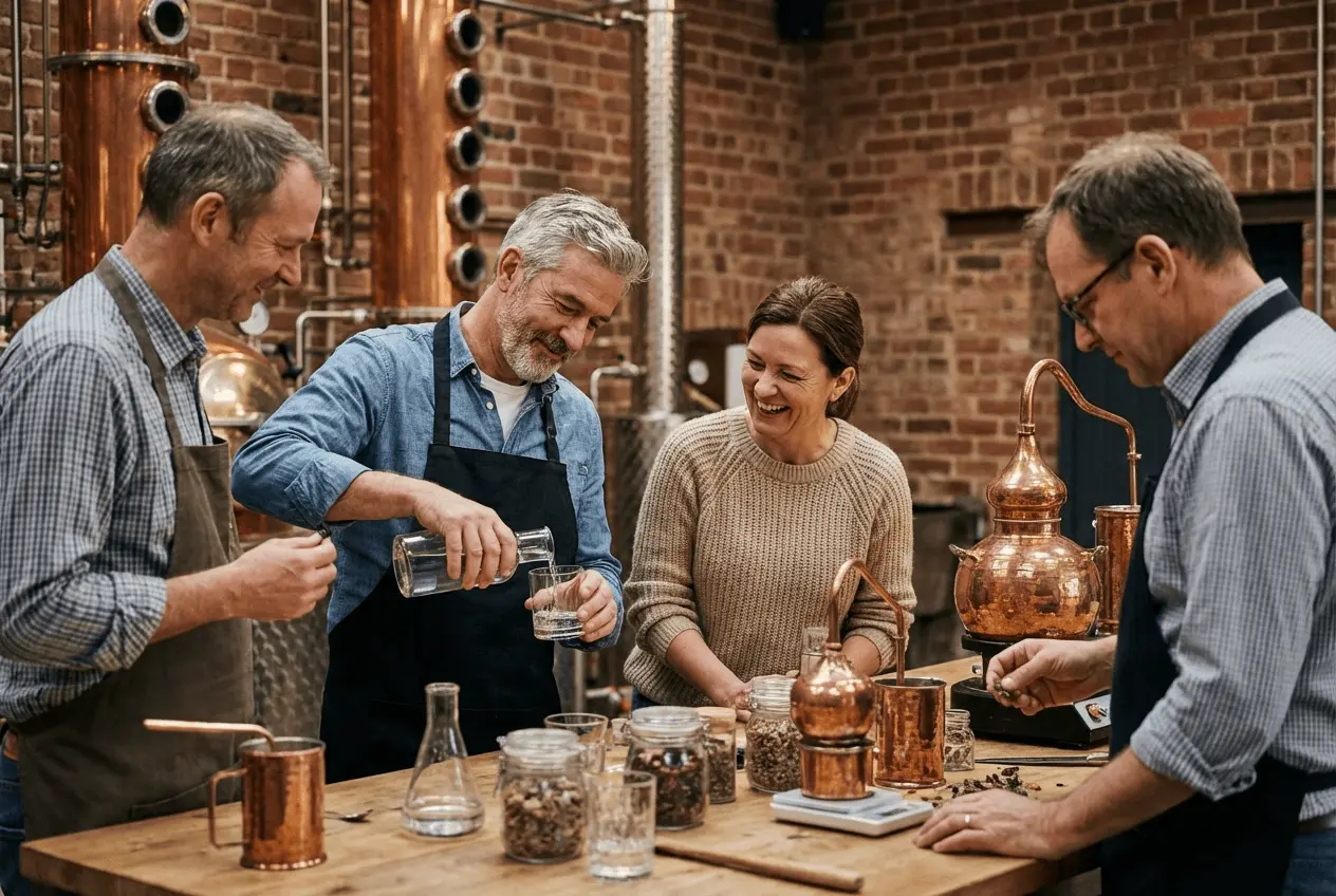 Teilnehmer beim Gin Destillieren Workshop an der Kupferbrennblase in einer Manufaktur