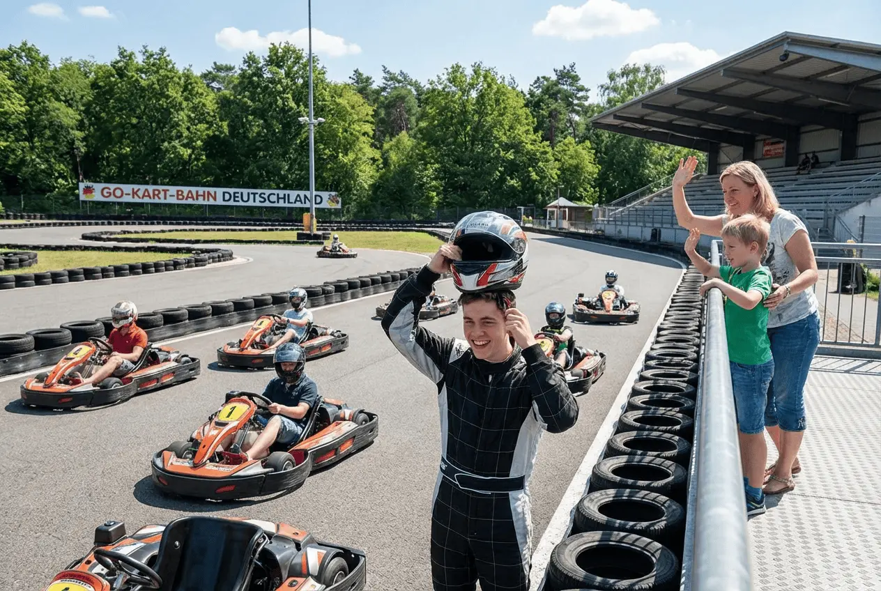Rennfahrer auf Indoor Go-Kart-Bahn bei rasantem Überholmanöver für Eventbuchung und Ticketverkauf