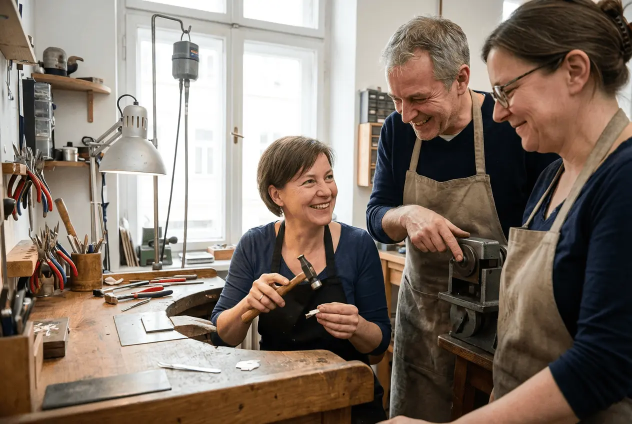 Goldschmiedekurs Teilnehmer hämmern Textur auf Trauringe in Werkstatt