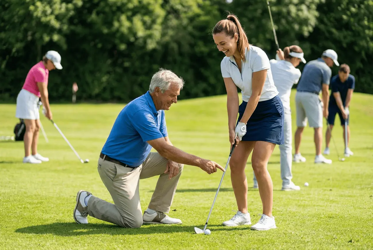 Golf Trainer bei der Schwunganalyse auf der Driving Range mit Schüler