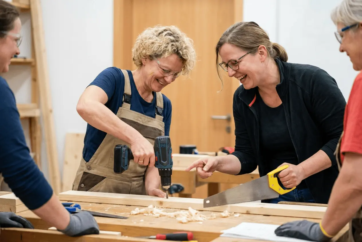Frau mit Schutzbrille und Gehörschutz bedient konzentriert eine elektrische Säge in einem Heimwerkerkurs für Frauen in einer Werkstatt