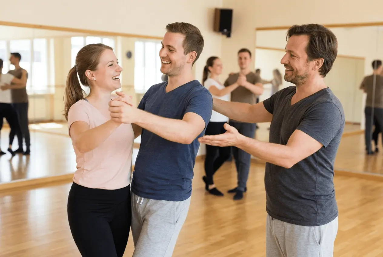 Glückliches Brautpaar beim Üben des Hochzeitstanzes in einer Tanzschule