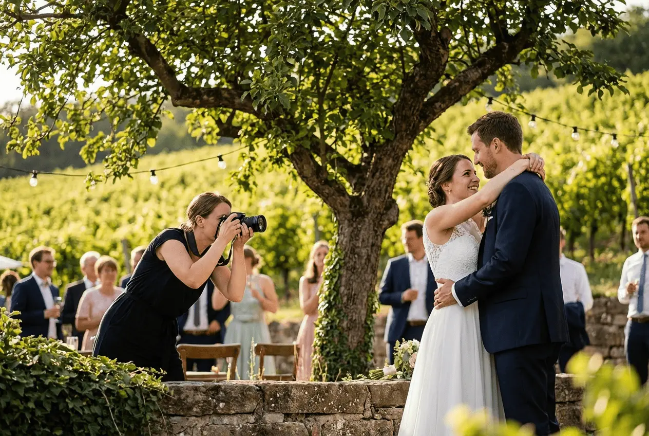 Professioneller Hochzeitsfotograf bearbeitet Bilder am Laptop und plant Termine