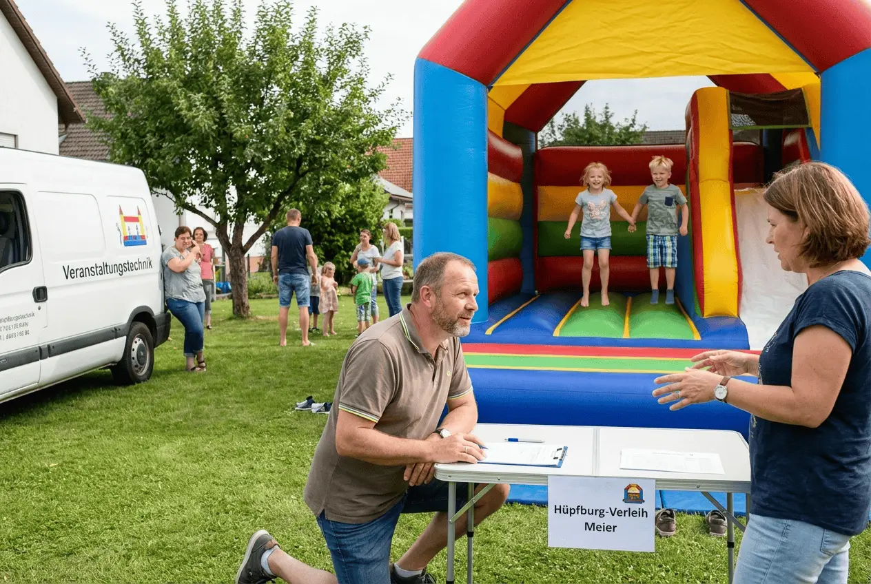 Bunte Hüpfburg im Garten bei Kindergeburtstag Eventmodul Vermietung