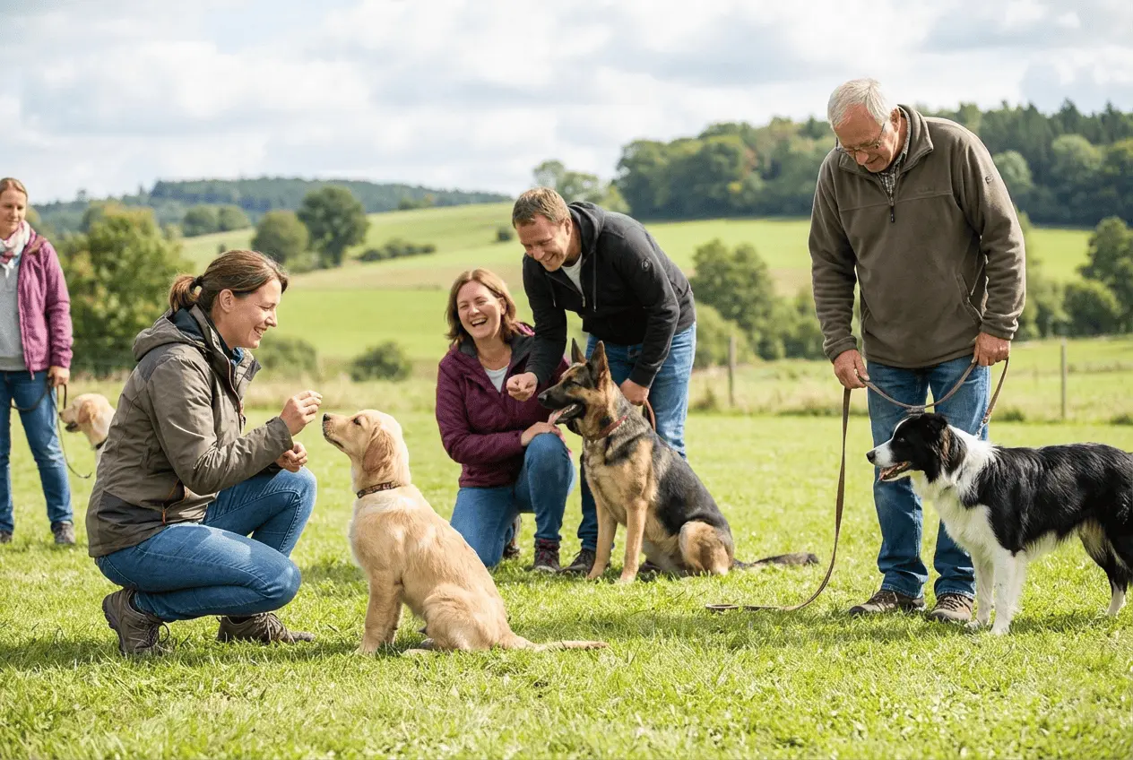 Professionelle Hundetrainerin auf dem Hundeplatz beim Agility Training mit einer Gruppe von Hunden