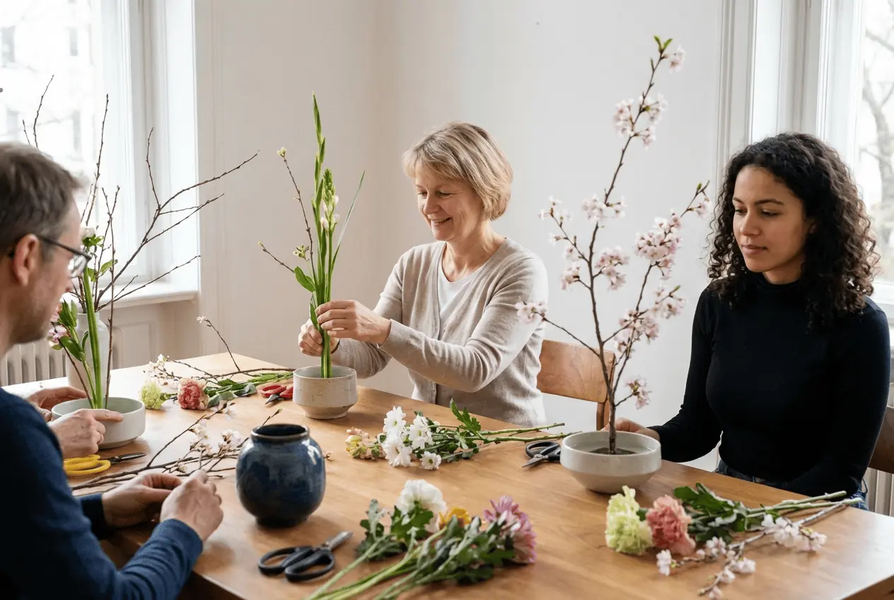 Ikebana Lehrerin arrangiert Blumen und nutzt Tablet für Teilnehmerverwaltung und Materialbestellung
