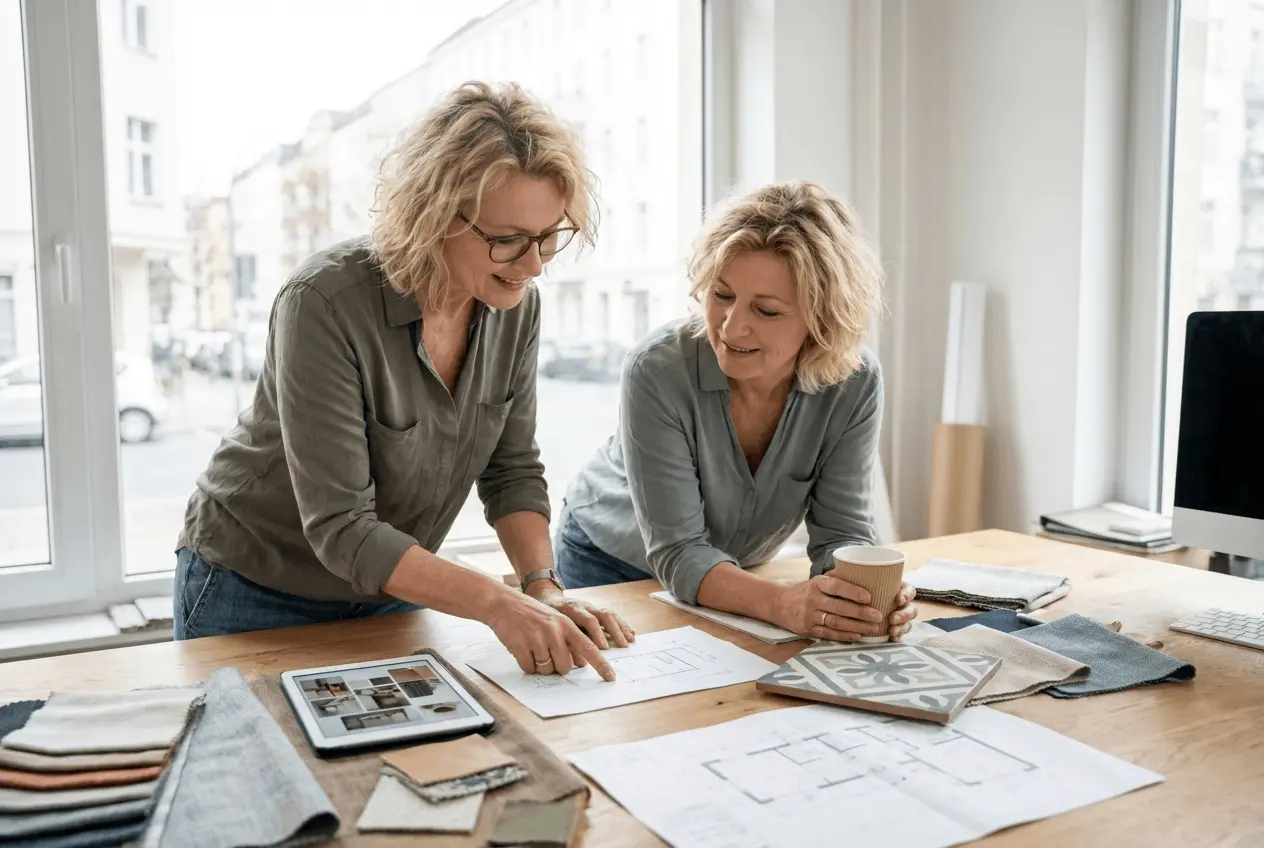 Innenarchitektin arbeitet an Raumkonzepten am Schreibtisch mit Plänen und Materialproben