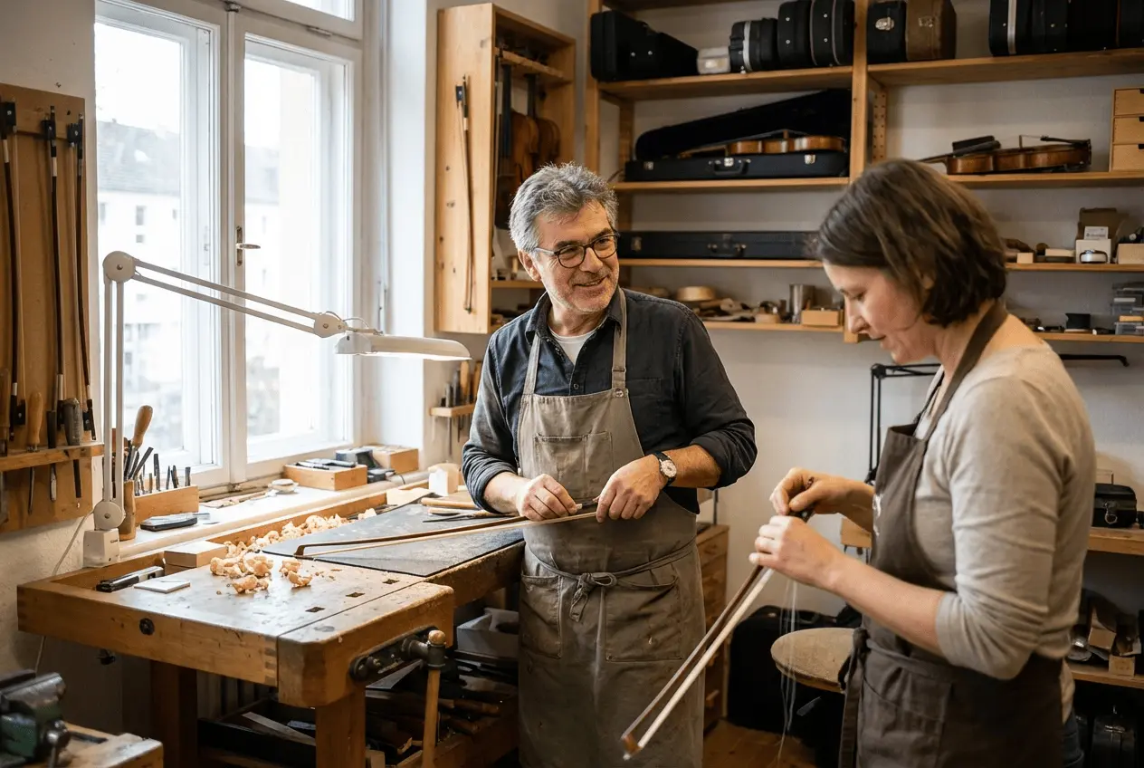Geigenbauer in der Werkstatt bei der Reparatur eines Instruments Fokus auf Handwerk und Präzision