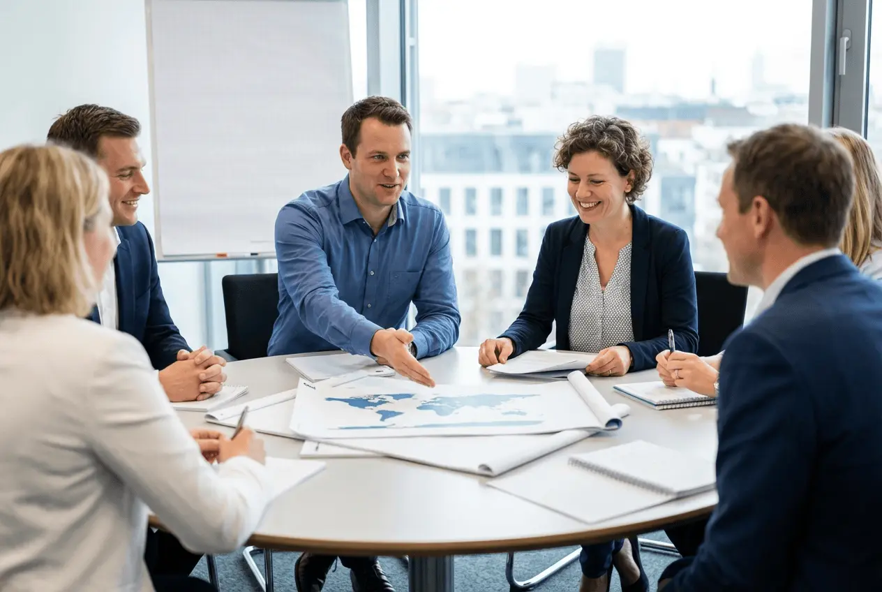 Trainer leitet interkulturellen Workshop im Seminarraum mit internationalem Team