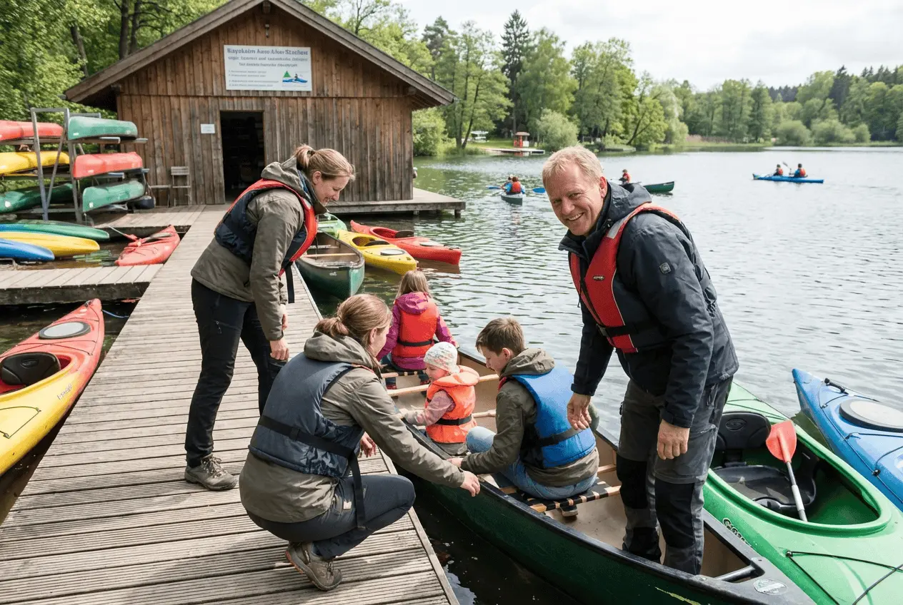 Glückliche Gruppe bei einer sonnigen Kajaktour auf dem Fluss
