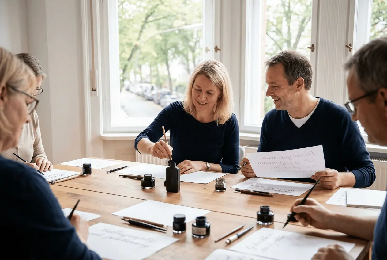 Kalligrafie Workshop Teilnehmer bucht Onlinekurs am Laptop neben Tintenfass und Federhalter