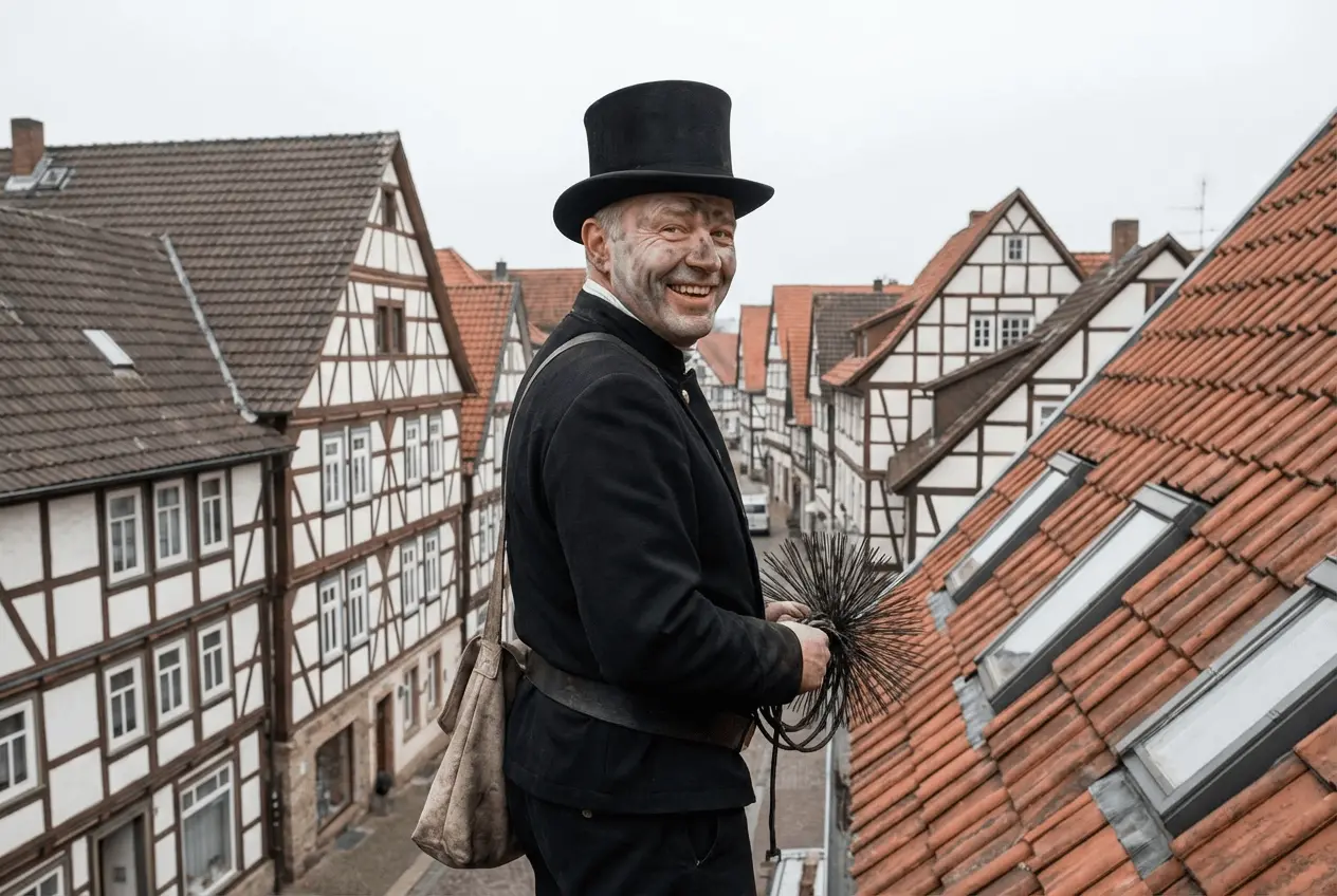 Schornsteinfeger auf dem Dach bei der Arbeit zur Kaminreinigung und Feuerstättenschau