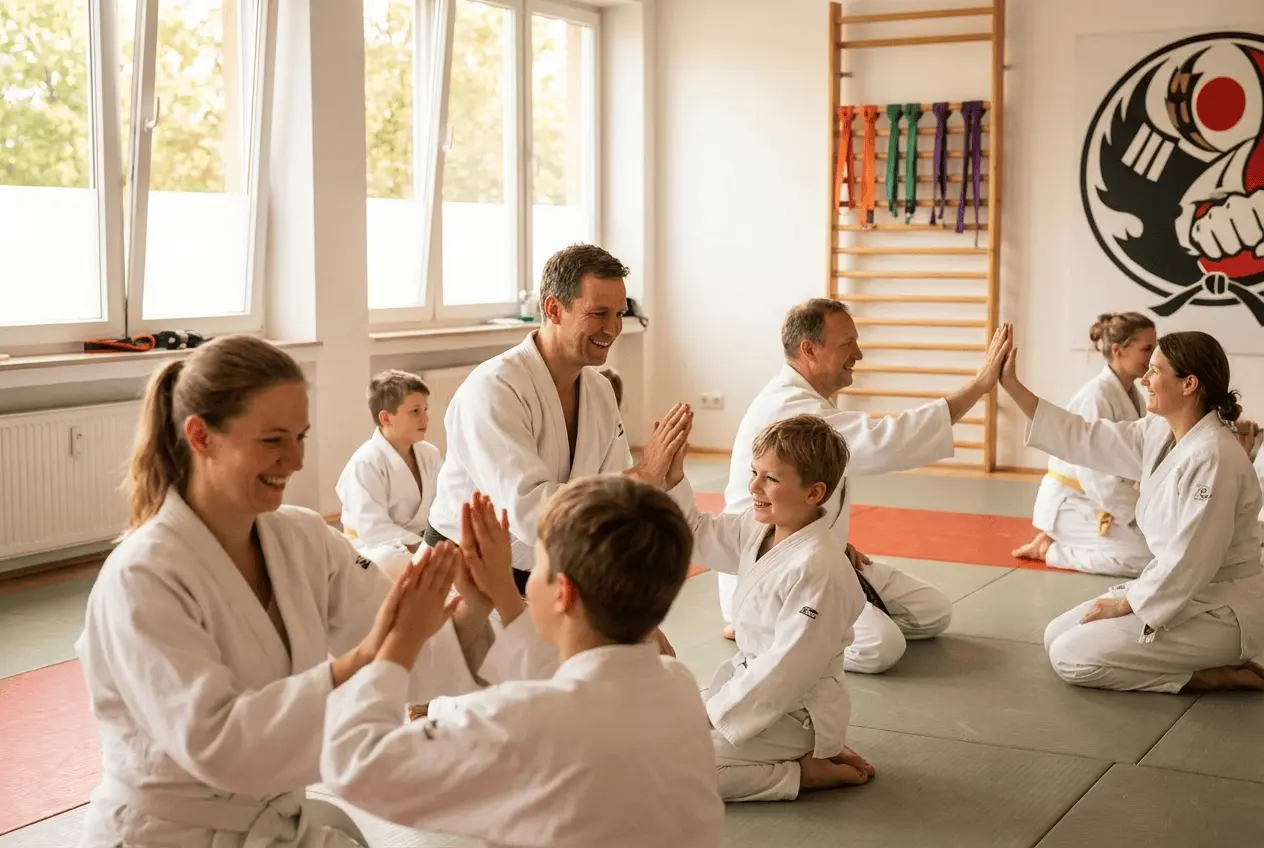 Glückliche Kampfsporttrainer und Schüler beim Training im modernen Dojo mit Mattenfläche