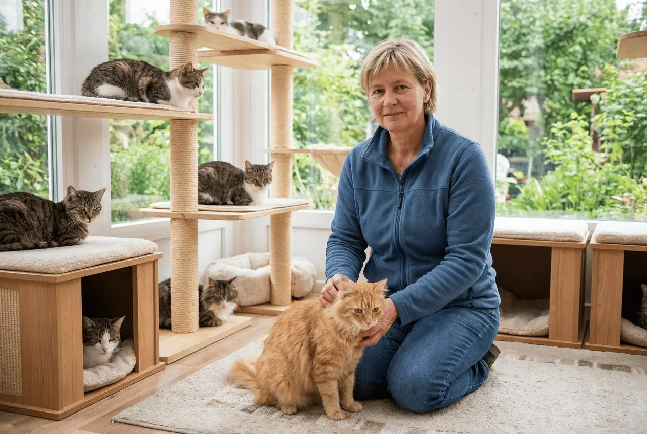 Glückliche Katze in einer professionellen Katzenpension mit moderner Online-Buchung und Belegungsplan für den Urlaub