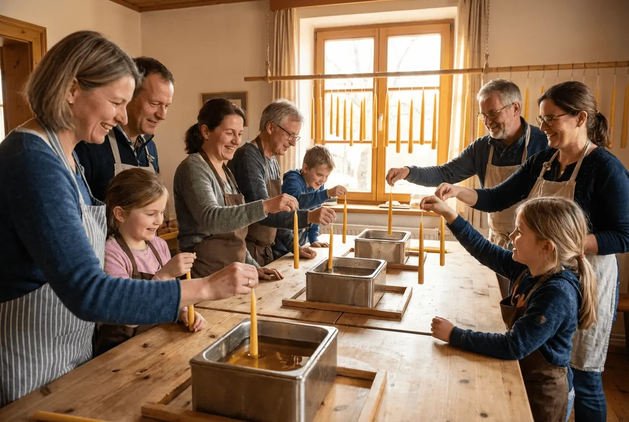 Fröhliche Teilnehmer beim Kerzenziehen in einer kreativen Werkstatt mit bunten Wachsbecken