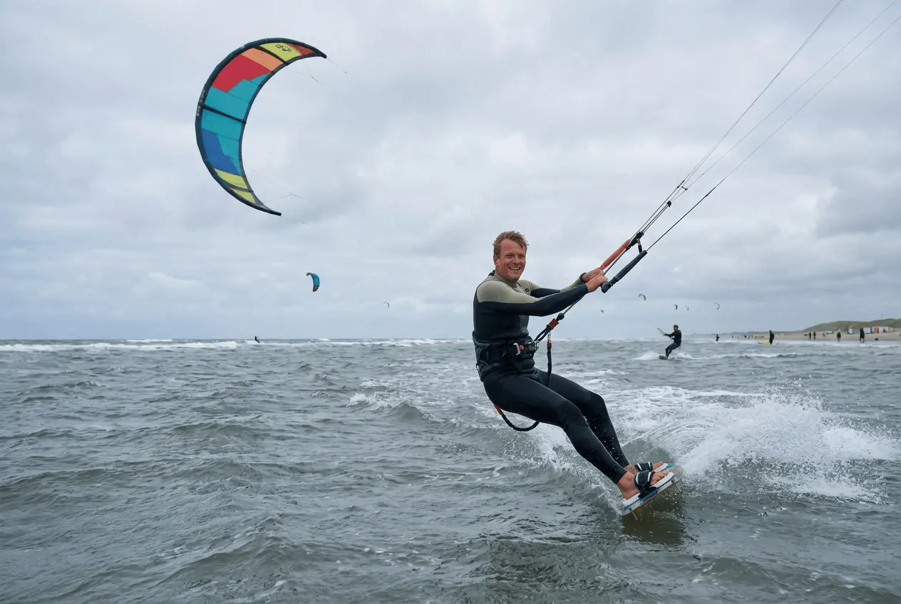 Kitesurfer springt hoch aus dem Wasser bei sonnigem Wetter am Strand während Kiteschulung