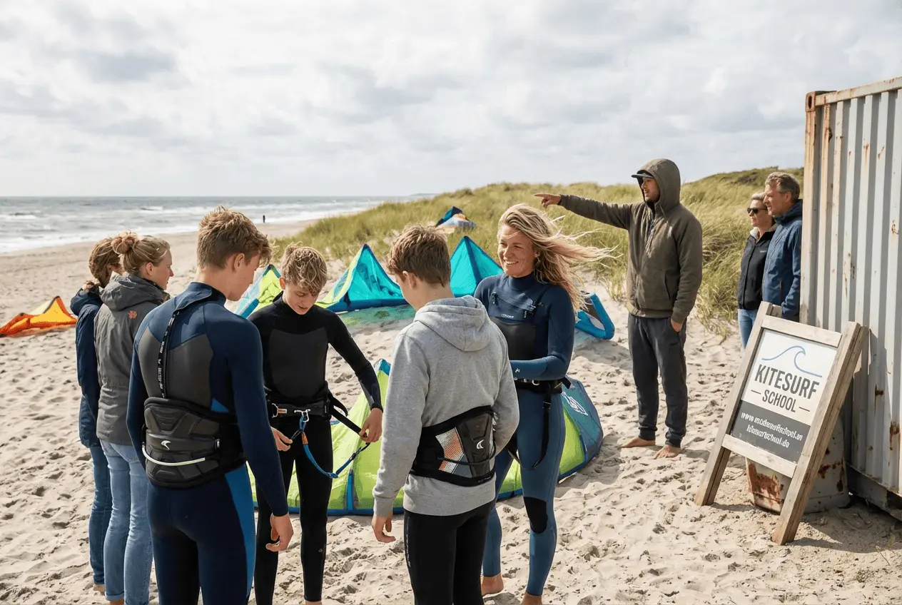 Kitesurf-Lehrer erklärt Schüler am Strand das Sicherheitssystem der Bar bei strahlendem Sonnenschein und blauem Meer