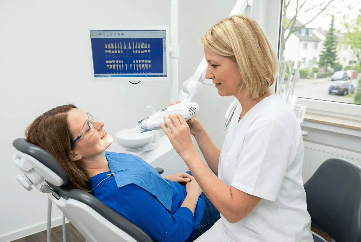 Professionelle Behandlung kosmetische Zahnaufhellung mit LED Lampe im Studio