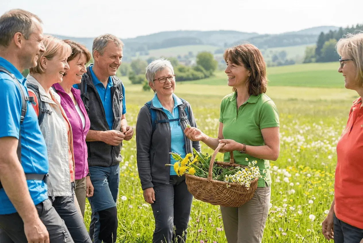 Gruppe bei einer geführten Kräuterwanderung im Wald sammelt Heilpflanzen in der Natur