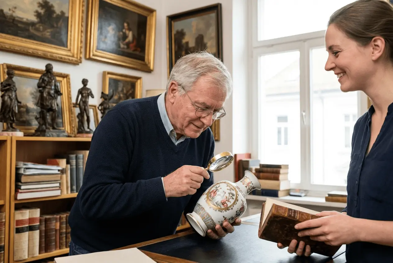Experte im Auktionshaus begutachtet antikes Porzellan mit einer Lupe zur Wertermittlung