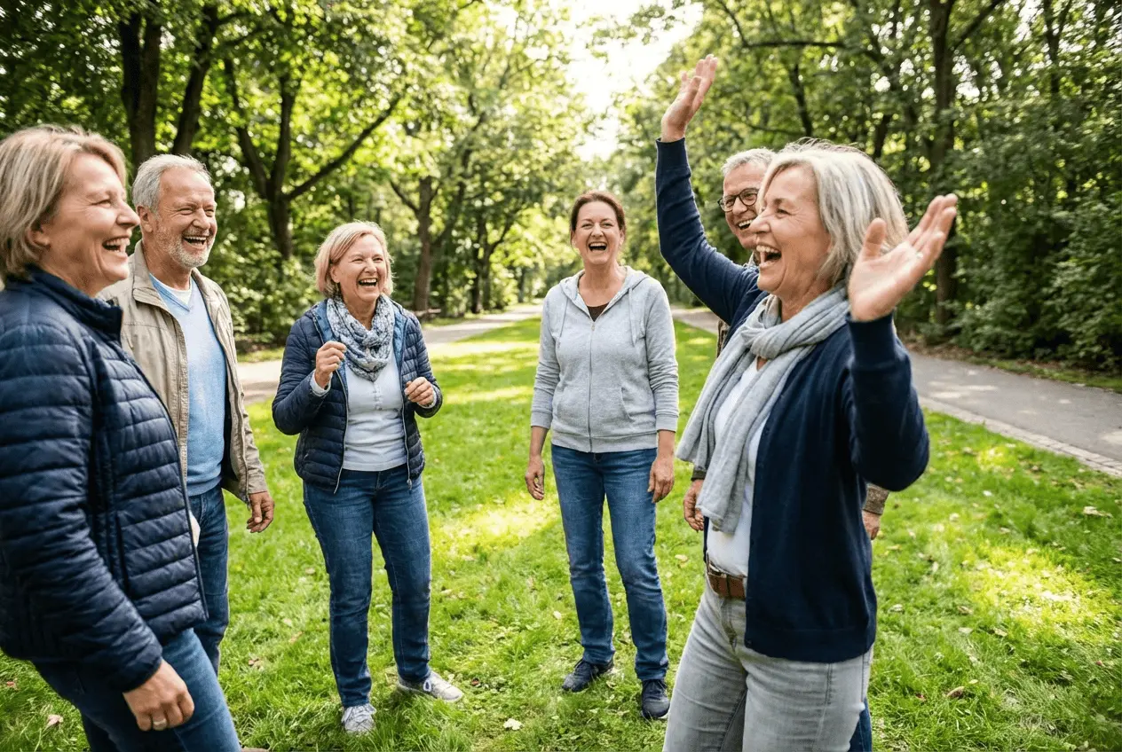Lachyoga Trainer leitet Gruppe bei einer Lachsession für Stressabbau und Teambuilding ohne Matten