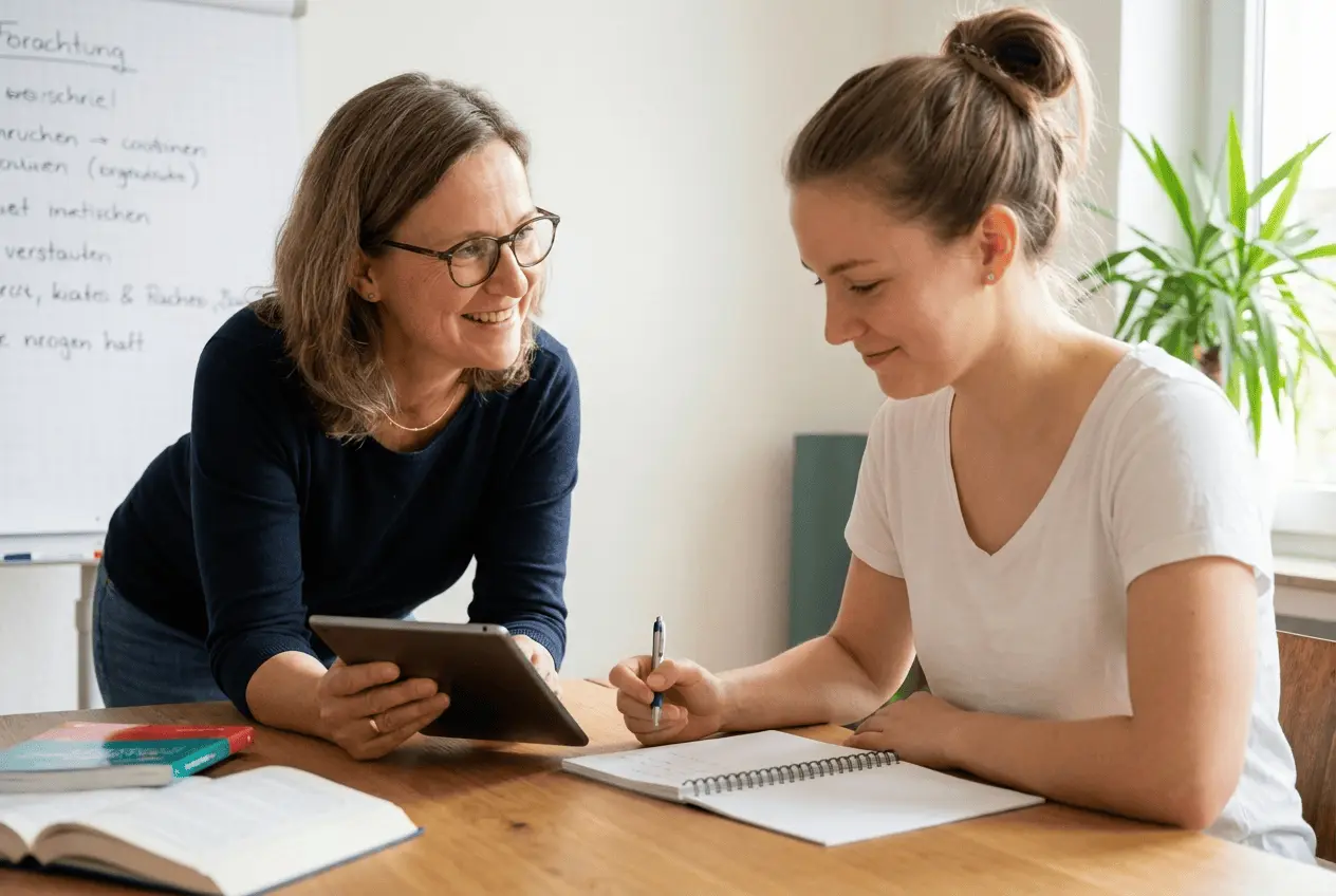 Lerncoach arbeitet fokussiert mit einem Schüler an Bildungszielen in einer entspannten Lernumgebung mit Laptop und Büchern