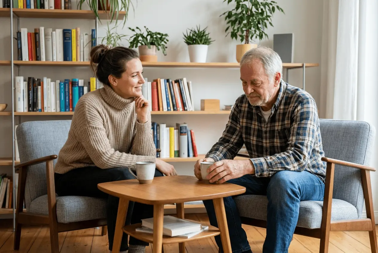 Zufriedener Life-Coach bei der digitalen Terminverwaltung und Online-Beratung am Laptop