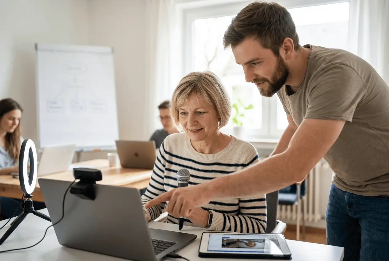 Professionelles Livestreaming Setup für Online Kurse und Webinare mit Coach vor Kamera