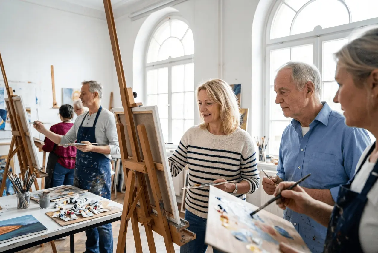 Malschüler an Staffeleien beim kreativen Arbeiten im Atelier während eines Aquarellkurses