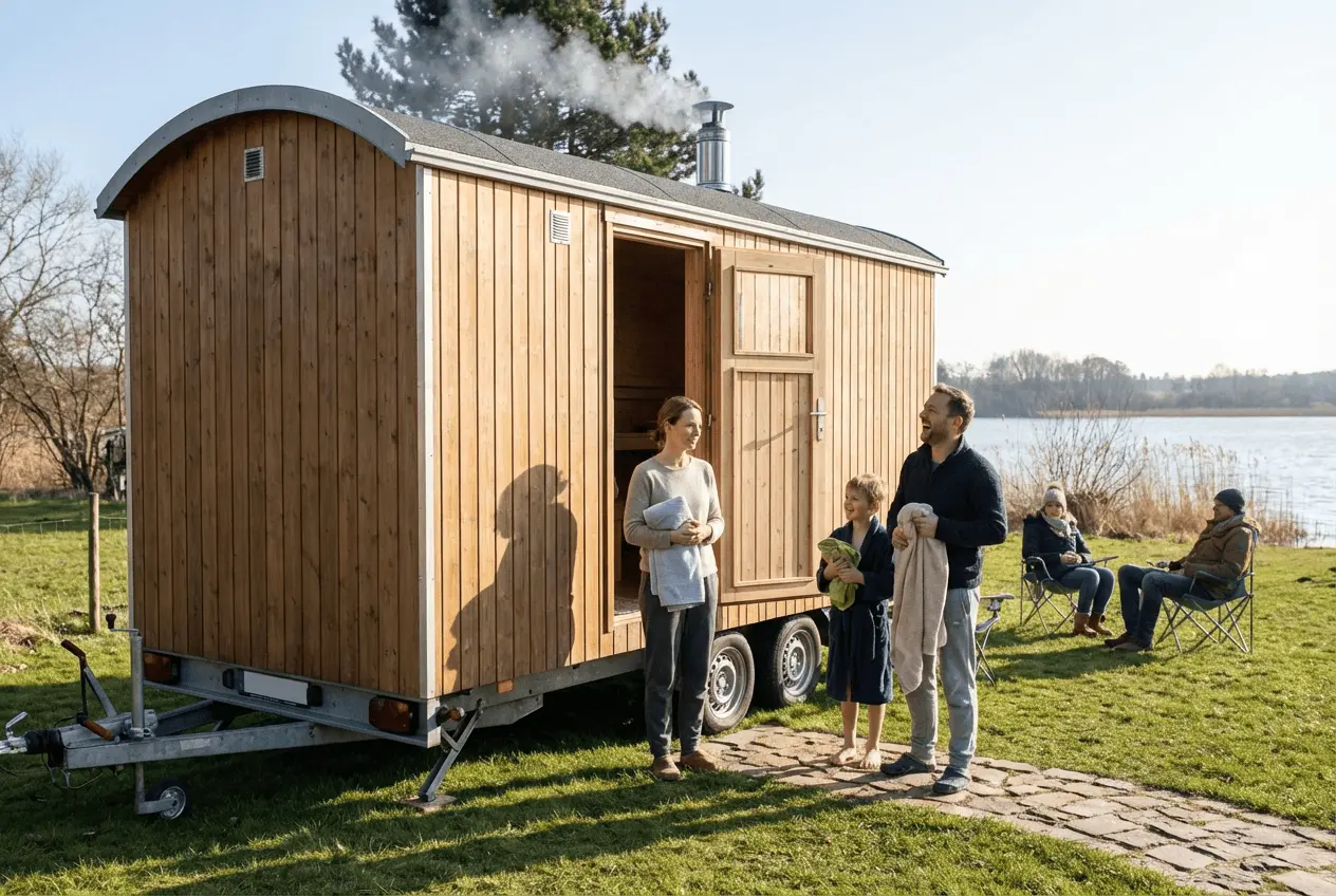 Mobile Fasssauna auf Anhänger in der Natur mieten Wellness Wochenende Saunaverleih