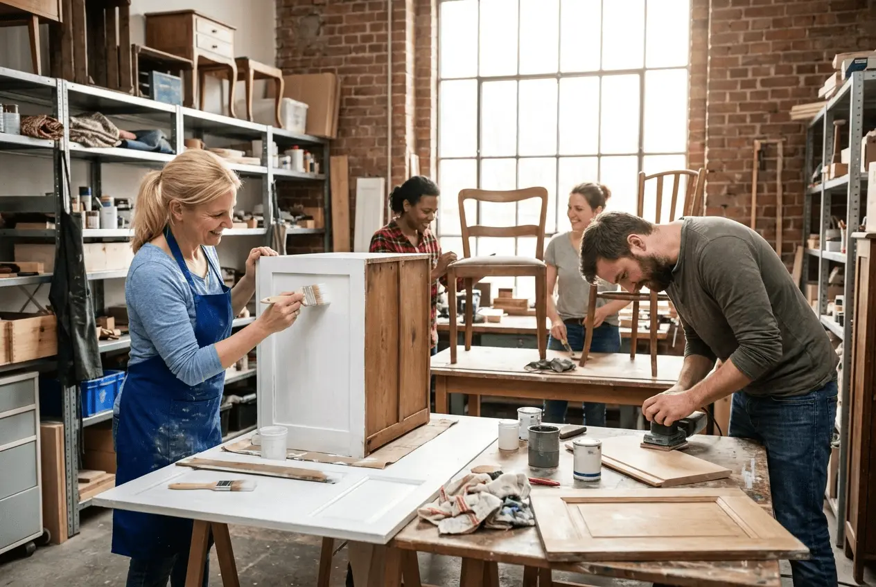 Restaurierung alter Möbel in einer hellen Werkstatt mit Teilnehmern an Werktischen beim Schleifen und Streichen