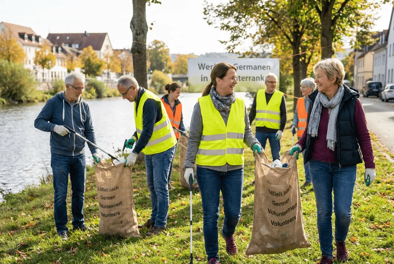 Gruppe von Freiwilligen bei gemeinsamer Müllsammelaktion mit Handschuhen und Müllsäcken in der Natur