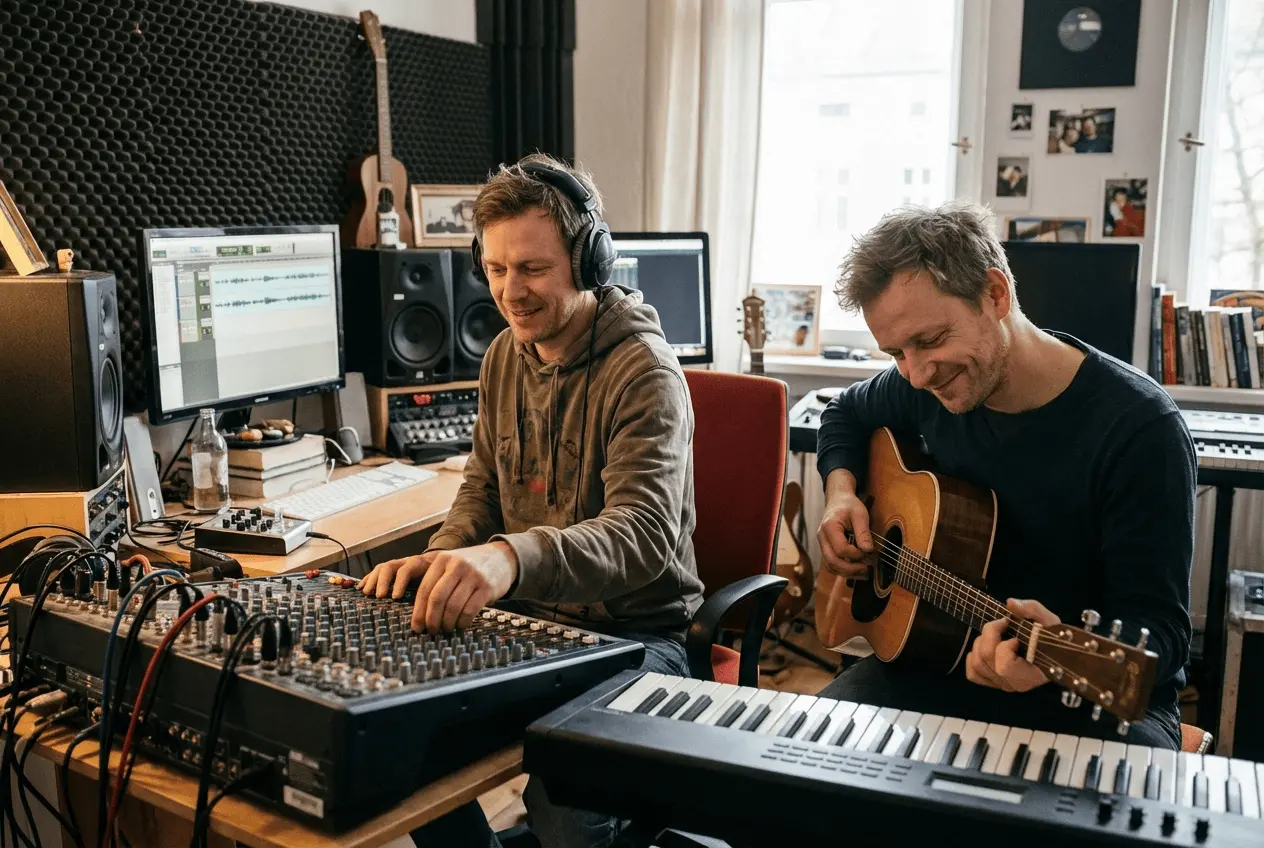 Professionelles Tonstudio mit Mischpult und Monitorlautsprechern für Musikproduktion und Recording